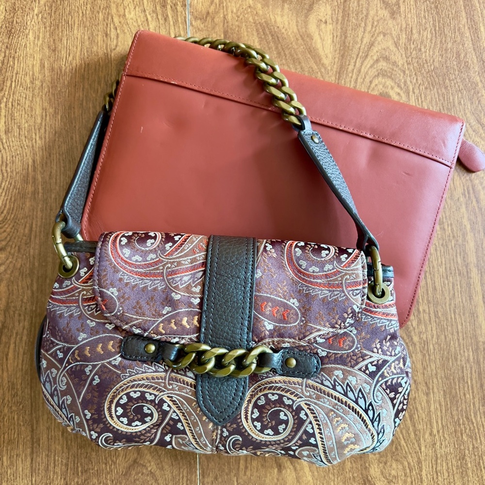 J. Crew Brown Faux Leather Paisley Silk Pattern Gold Brass Chain Strap Small Bag